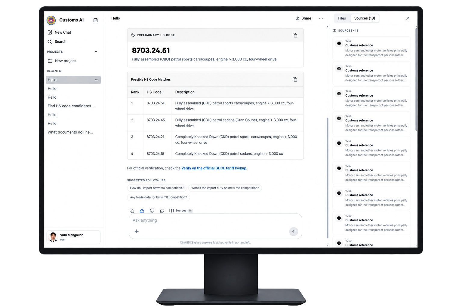 Customs Artificial Intelligent Assistant desktop view